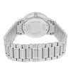 An image of a pre-owned wristwatch shown from the back view. The focus is on the closed clasp and stainless steel band, angled slightly downward. The watch case is centrally positioned, with engraved details visible. The shot is taken at a close distance, highlighting the metal links and backplate.