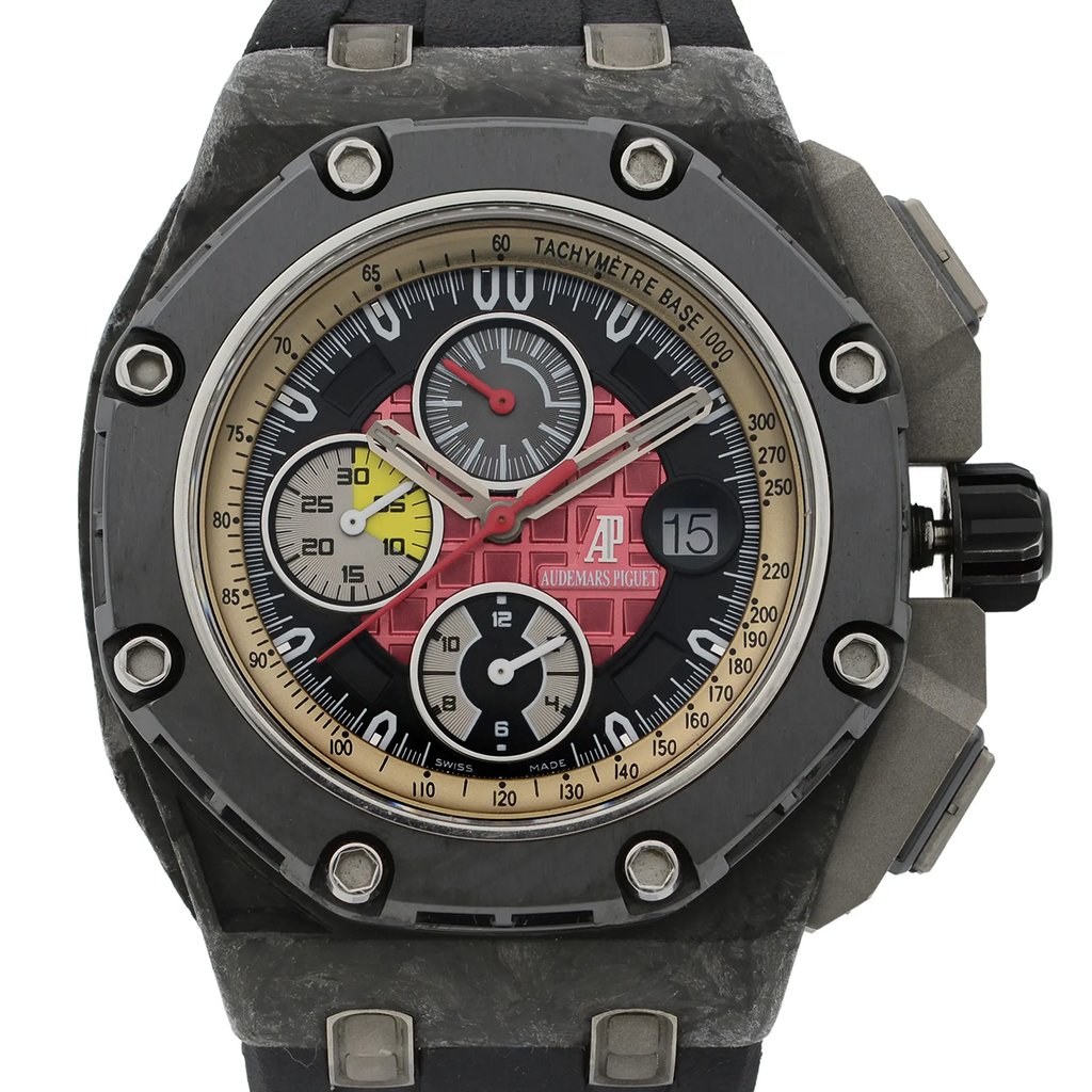 Up Close Front Facing Picture Of Audemars Piguet 26290IO.OO.A001VE.01 Carbon Watch Pre Owned Condition