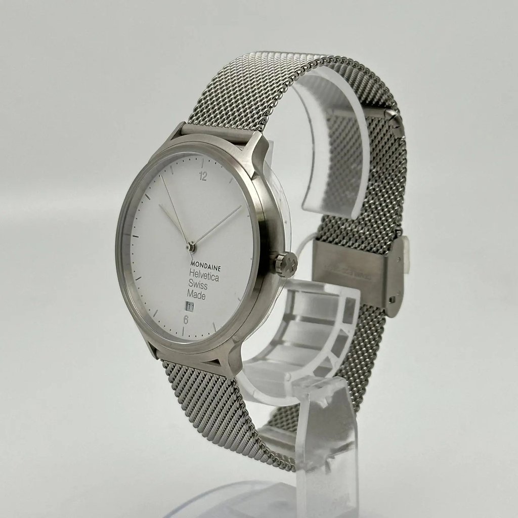 View Of Crown Facing Side Of Mondaine MH1.L2210.SM Stainless Steel Watch Unworn Condition
