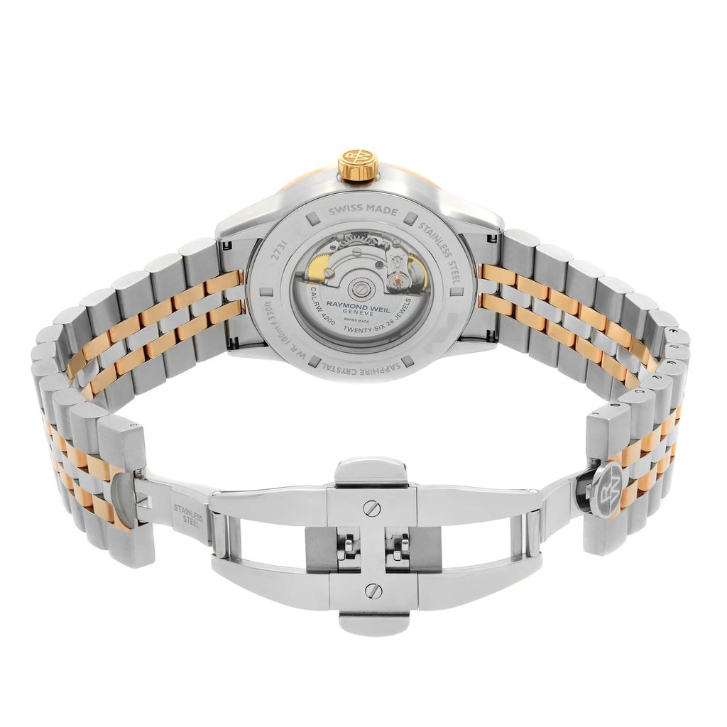 Back View Of Exhibition Back Case And Open Stainless Steel Band Of RAYMOND WEIL 2731-SP5-20001 Watch New With Defects Condition