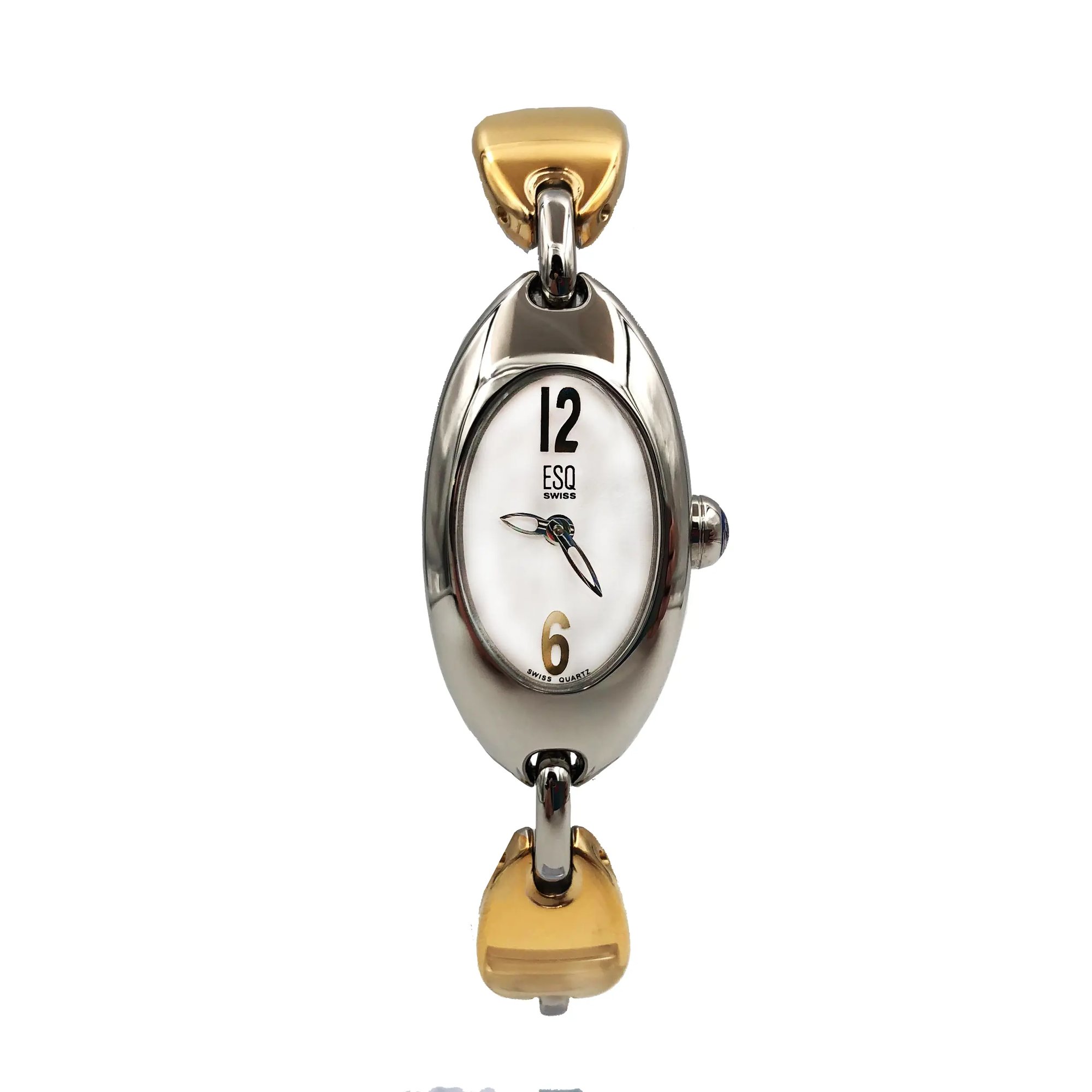 An image of a Wristwatch by ESQ. This Pre Owned item is designed for Women, featuring a Dress/Formal style. It has a Quartz movement and an Analog display with a Silver dial color. The indices include 12-Hour Dial,Arabic Numerals,No Hour Marks. The band is made of Stainless Steel and the case is made of Stainless Steel. The watch has a Oval shape with a case size of 18 mm and a case thickness of 7 mm.
