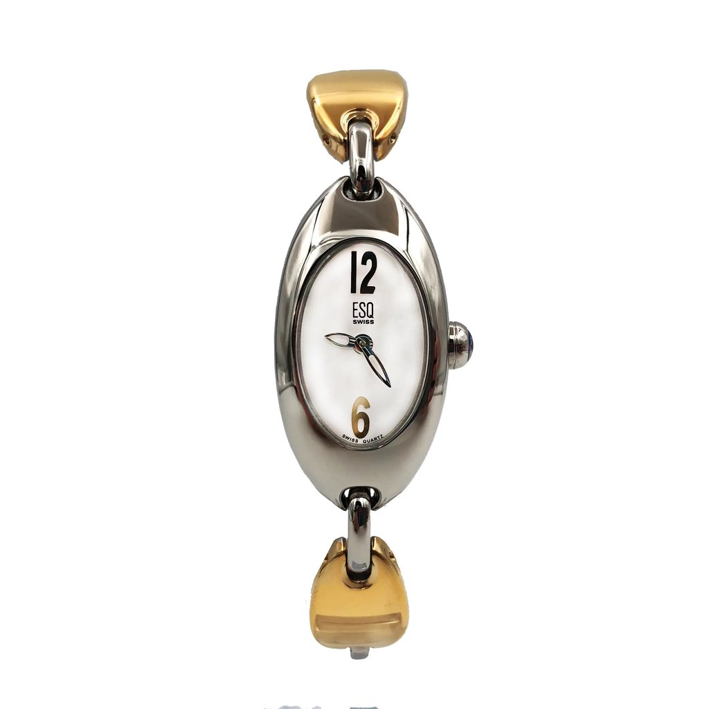 An image of a Wristwatch by ESQ. This Pre Owned item is designed for Women, featuring a Dress/Formal style. It has a Quartz movement and an Analog display with a Silver dial color. The indices include 12-Hour Dial,Arabic Numerals,No Hour Marks. The band is made of Stainless Steel and the case is made of Stainless Steel. The watch has a Oval shape with a case size of 18 mm and a case thickness of 7 mm.