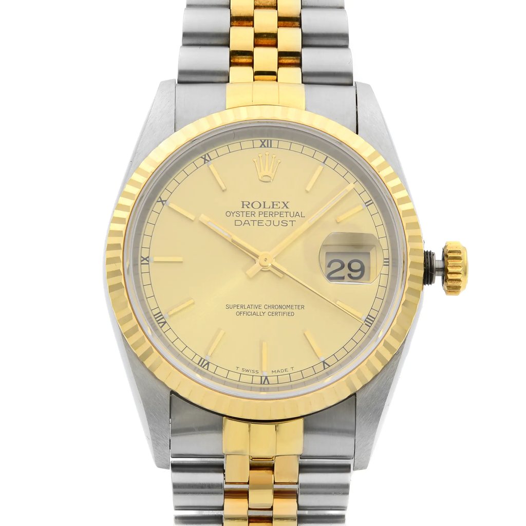 Up Close Front Facing Picture Of Rolex 16233 Stainless Steel Watch Pre Owned Condition