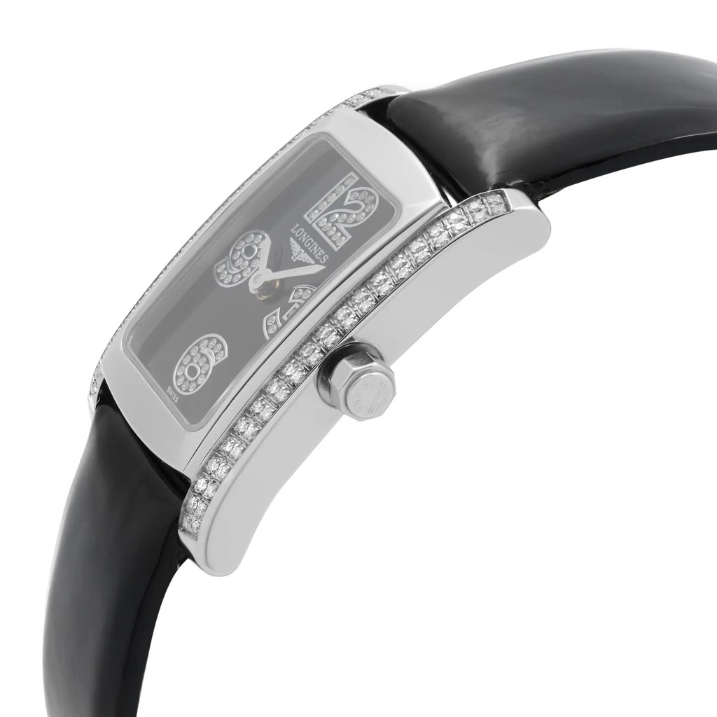 An image of a wristwatch taken from a side profile view, showcasing the crown prominently. The watch features a sleek, rectangular case with a polished finish and a diamond-encrusted bezel. The black leather strap is visible, connecting to the case with a smooth, glossy texture. The angle highlights the elegant curvature of the watch, with the crown positioned centrally and clearly visible. The overall presentation is of a display model in excellent condition, captured at a close distance to emphasize the details.