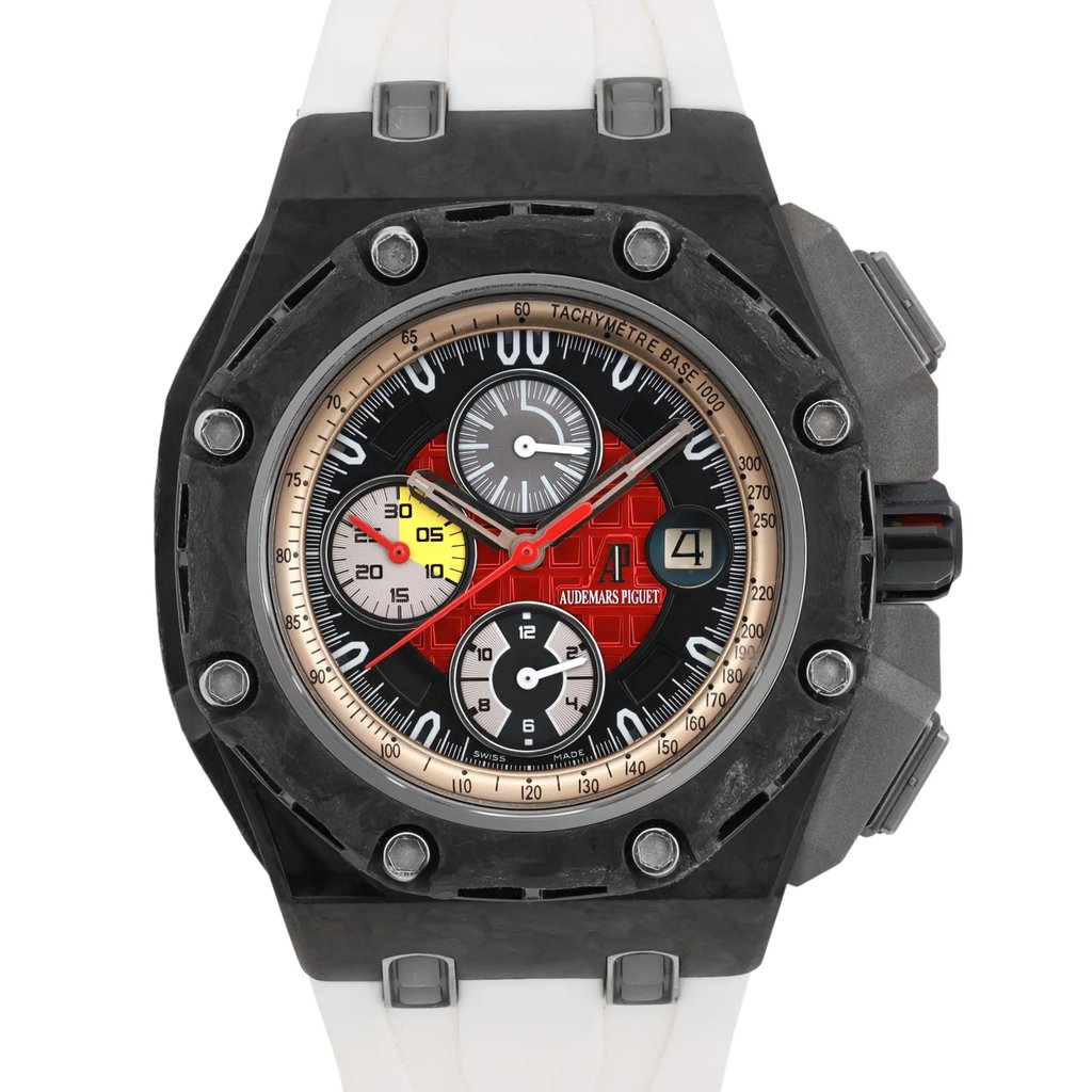 Up Close Front Facing Picture Of Audemars Piguet 26290IO Carbon Fiber Watch Pre Owned Condition