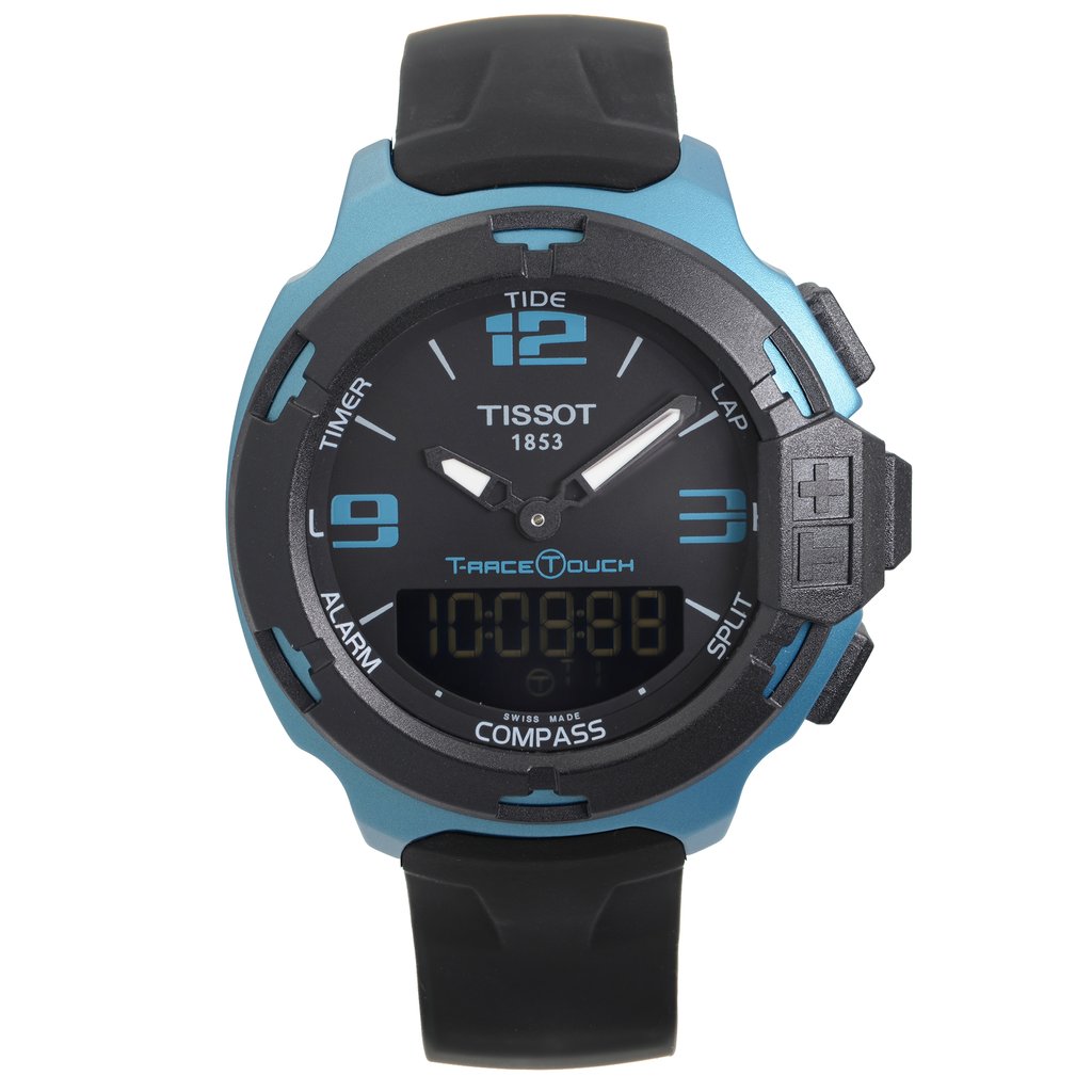 An image of a Wristwatch by Tissot. This Display Model item is designed for Men, featuring a Dress/Formal style. It has a Quartz movement and an Analog & Digital display with a Black dial color. The indices include 12-Hour Dial,Arabic Numerals. The band is made of Rubber and the case is made of Aluminum. The watch has a Round shape with a case size of 42 mm and a case thickness of 14 mm.