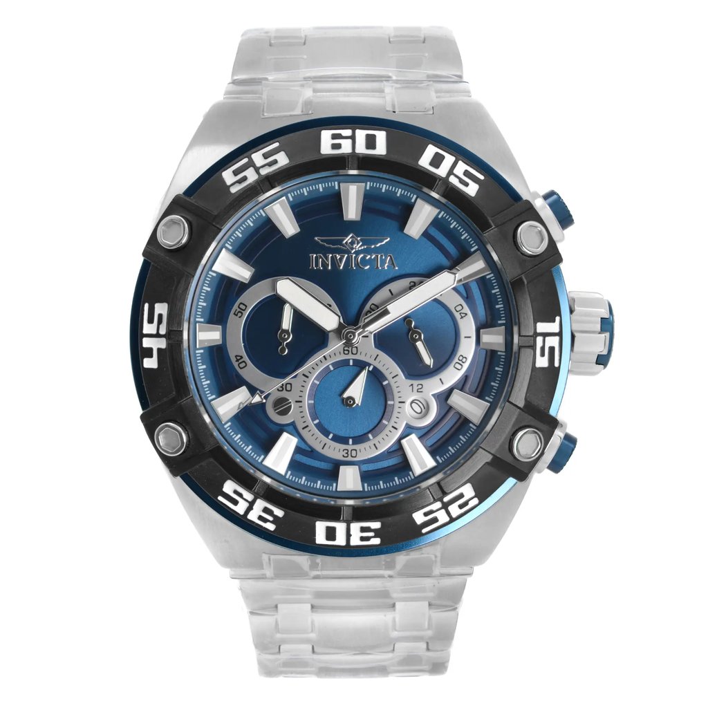 An image of a Wristwatch by Invicta. This Display Model item is designed for Men, featuring a Military style. It has a Quartz movement and an Analog display with a Blue dial color. The indices include 12-Hour Dial,Multi Dial,Non-Numeric Hour Marks. The band is made of Stainless Steel and the case is made of Stainless Steel. The watch has a Round shape with a case size of 50 mm and a case thickness of 19 mm.