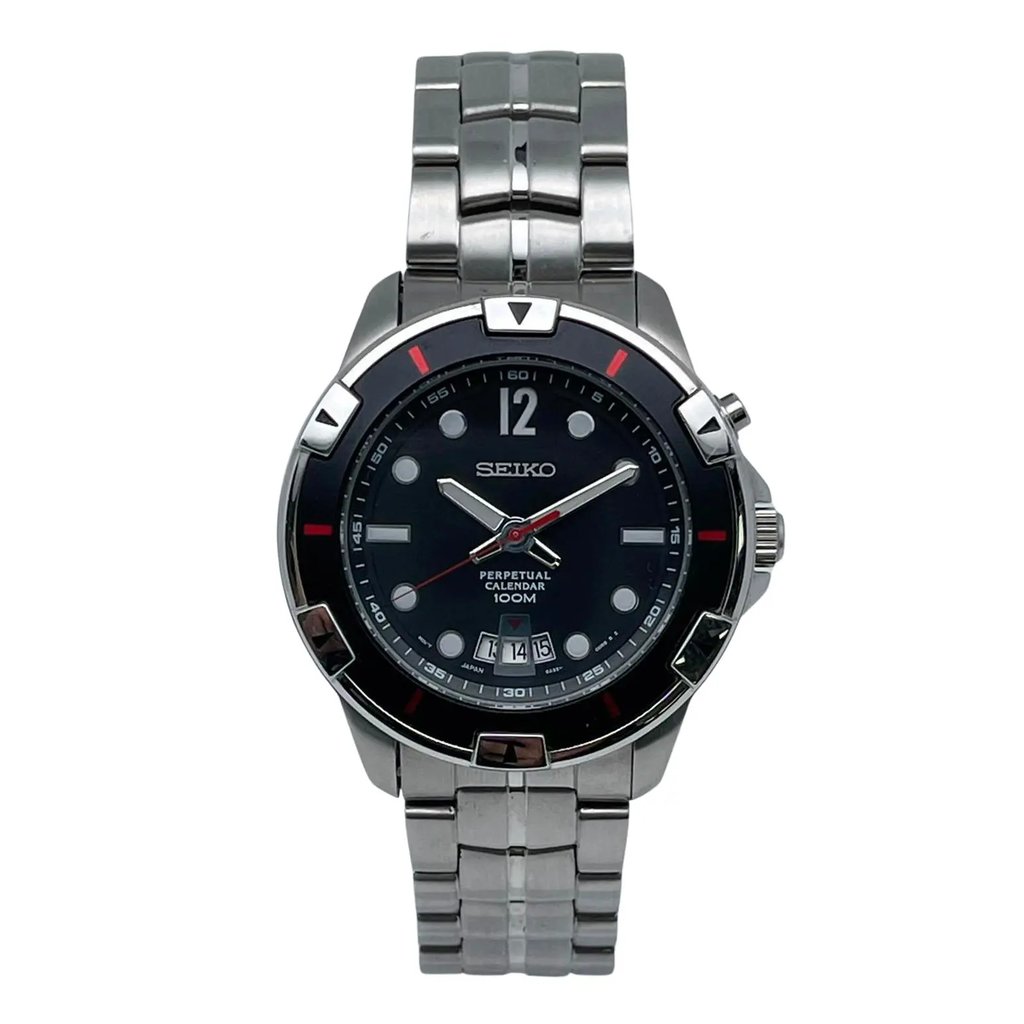 An image of a Wristwatch by Seiko. This Pre Owned item is designed for Men, featuring a Sport style. It has a Quartz movement and an Analog display with a Black dial color. The indices include 12-Hour Dial,Arabic Numerals,Non-Numeric Hour Marks,Round Indexes,Seconds Hand. The band is made of Stainless Steel and the case is made of Stainless Steel. The watch has a Round shape with a case size of 43 mm and a case thickness of 11 mm.