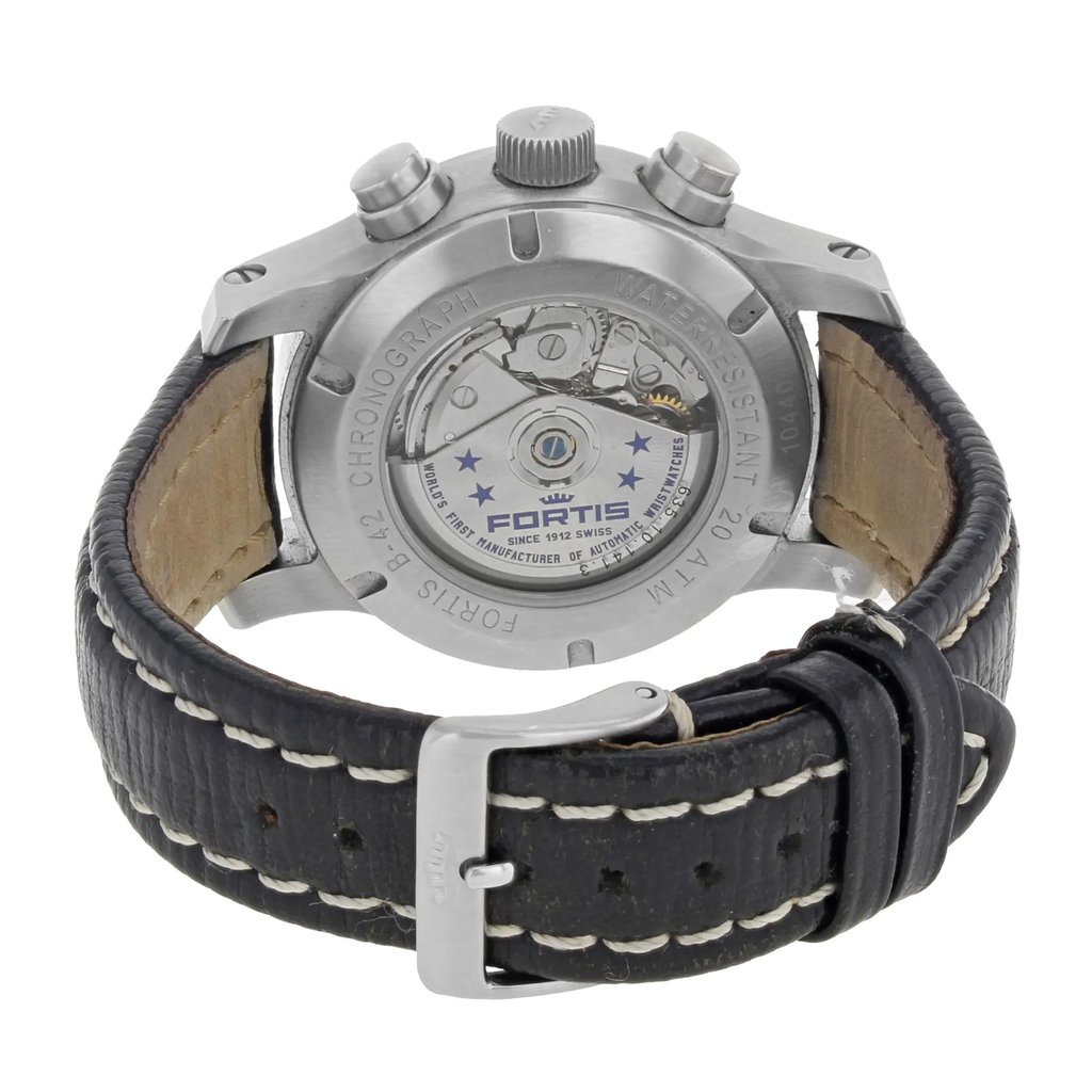 Back View Of {Caseback} Back Case And Closed Leather Band Of Fortis 635.10.11 L.01 Watch Pre Owned Condition