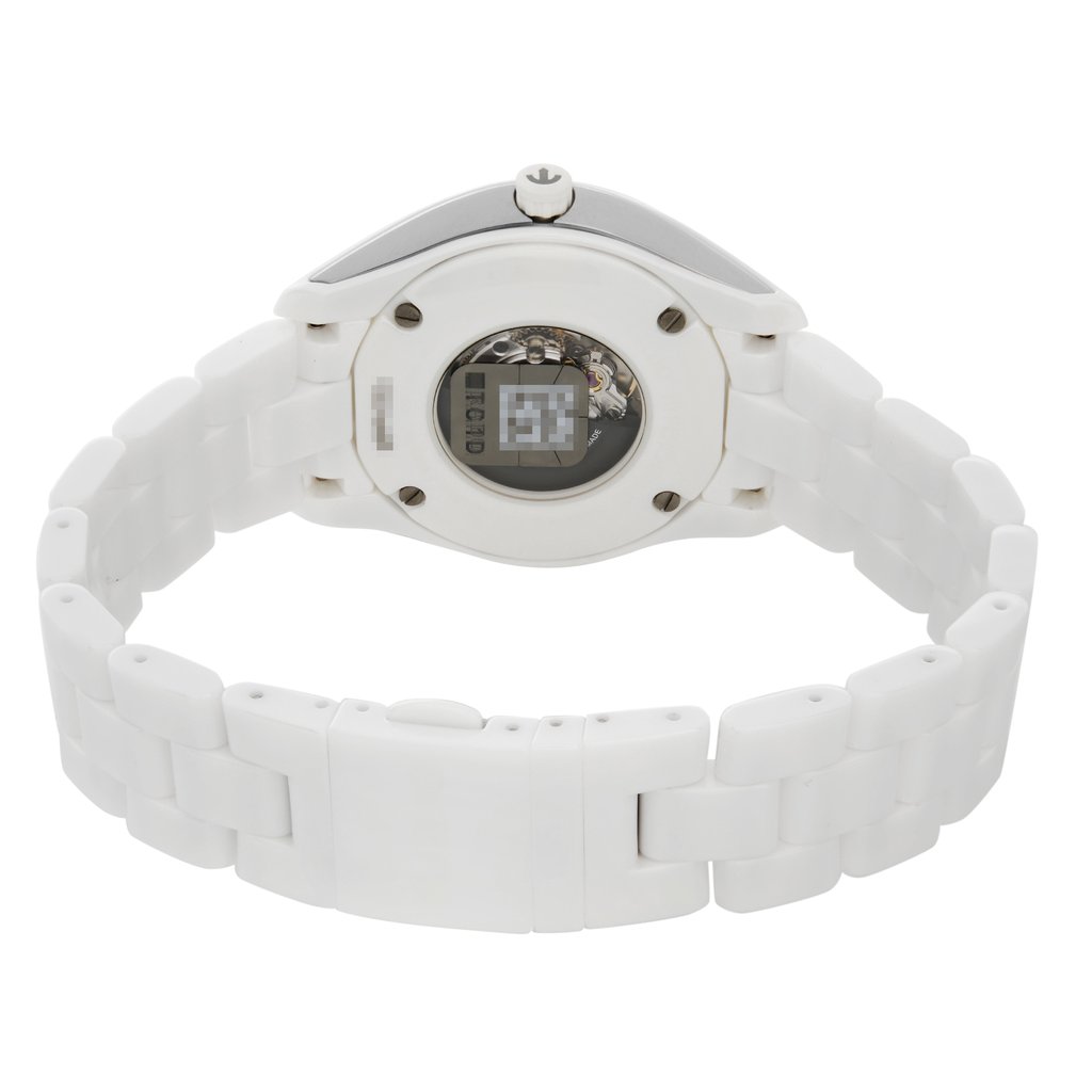 An image of a wristwatch from the back view, showcasing the closed clasp. The watch has a white band and the back case is visible, featuring a transparent section that reveals the watch's inner mechanism. The angle is slightly elevated, providing a clear view of the clasp and the intricate details of the watch's back. The distance is close, emphasizing the design and condition of the display model.