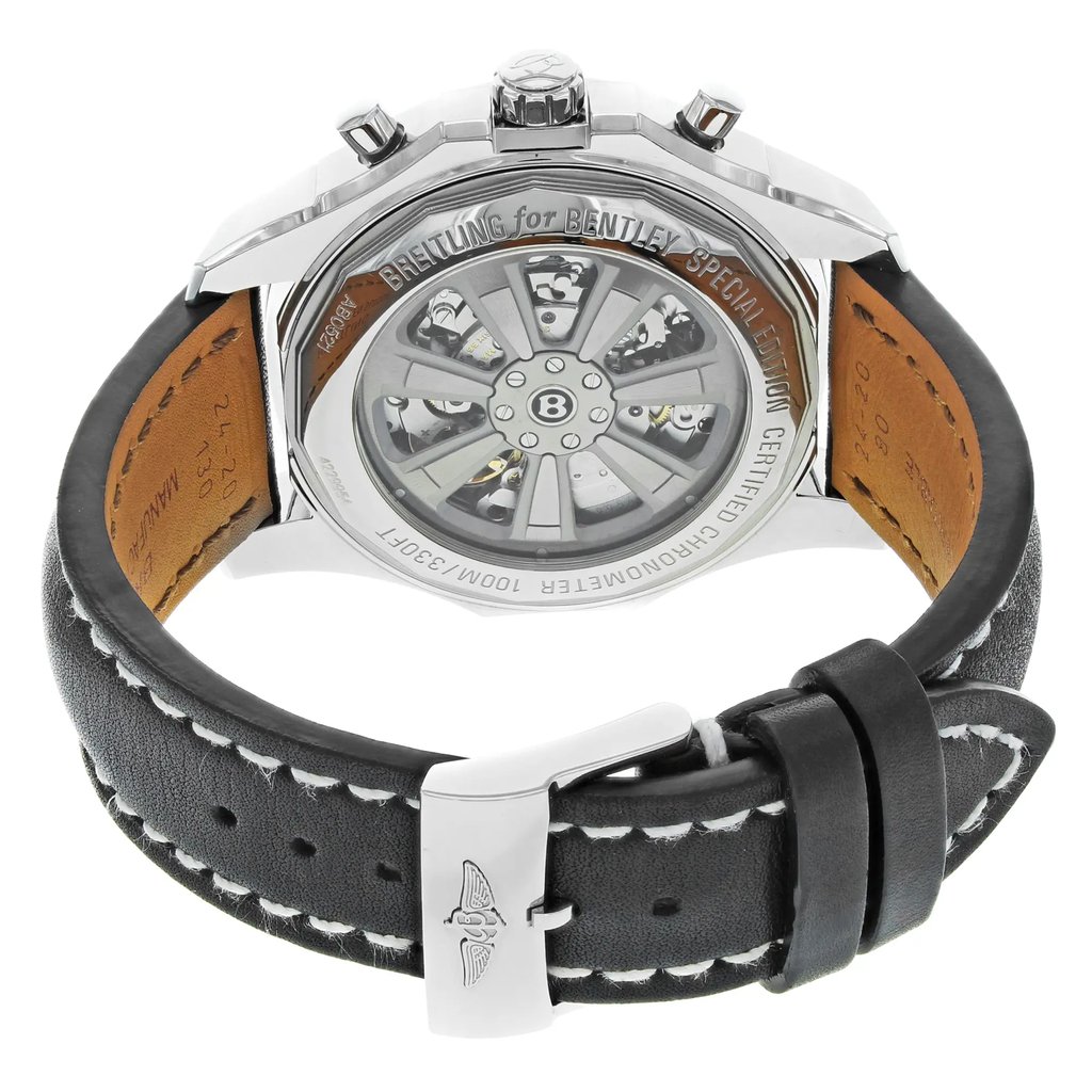 Back View Of {Caseback} Back Case And Closed Leather Band Of Breitling AB0521U0/A755-441X Watch Display Model Condition