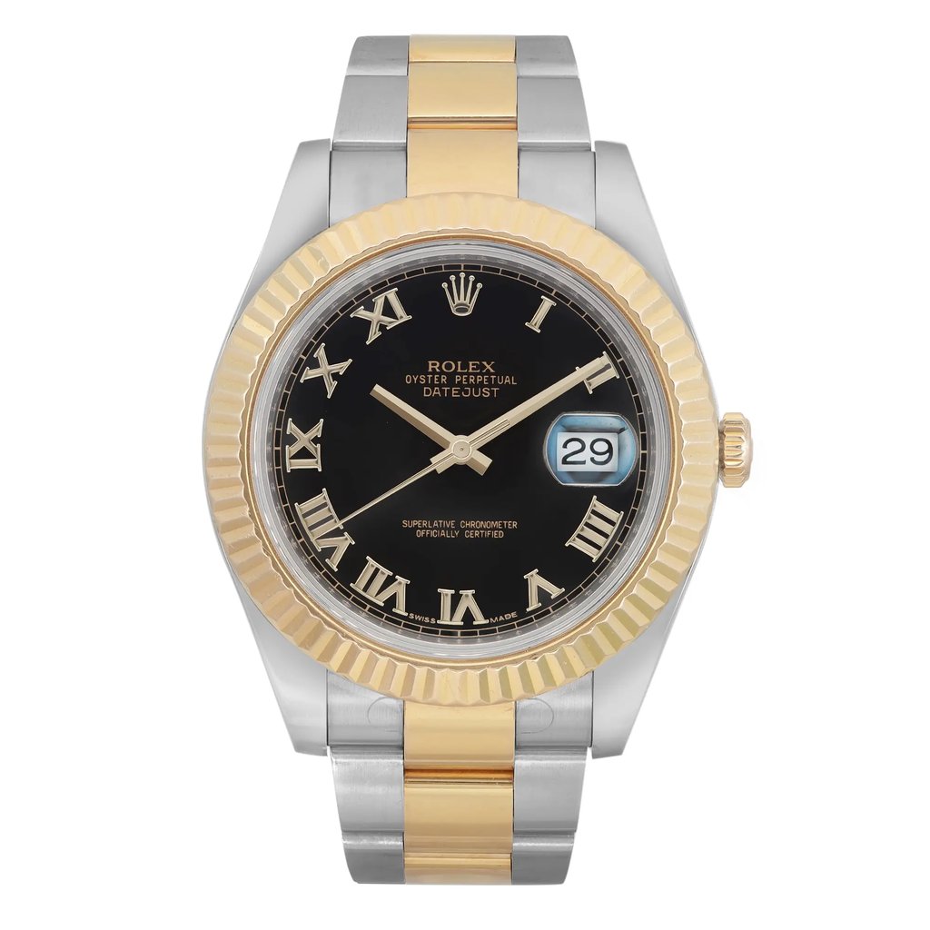 An image of a pre-owned Rolex Oyster Perpetual Datejust men's wristwatch in good condition, viewed from a full frontal angle. The watch features a round stainless steel case with a fluted gold bezel. It has a black dial with gold Roman numeral indices and a date indicator at the 3 o'clock position. The band is made of stainless steel with solid gold center links. The watch shows light signs of wear, such as minor scratches.