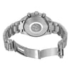 An image of the back view of a pre-owned wristwatch, showcasing its open clasp. The watch is positioned centrally, with a clear view of the stainless steel bracelet and case back. The angle is slightly elevated, providing a detailed look at the watch's engraved emblem. The distance is close, allowing for a focus on the craftsmanship and condition of the metal components.