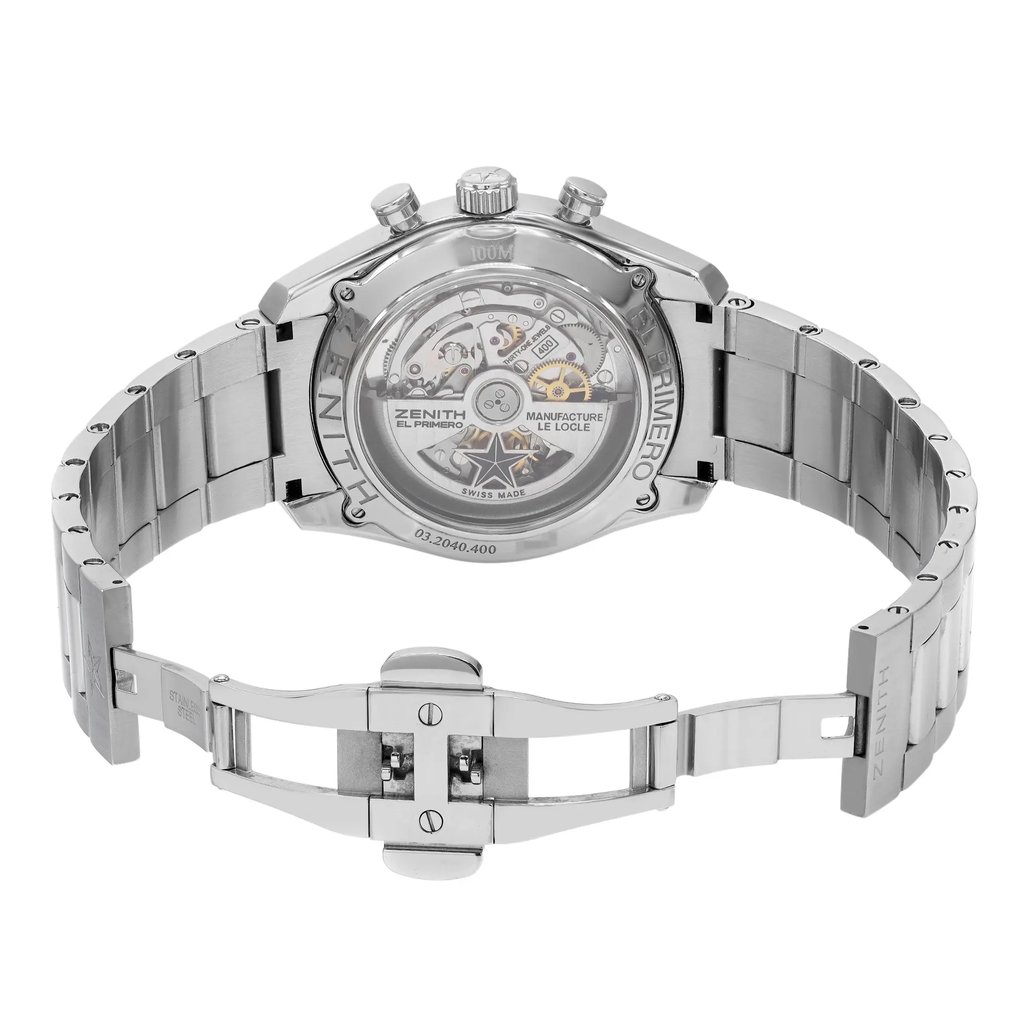 An image of a pre-owned wristwatch showcasing the back view with an open clasp. The watch is positioned to display its intricate mechanical components through a transparent case back. The angle provides a clear view of the stainless steel bracelet and deployment clasp, captured from a close distance to highlight the details of the craftsmanship.