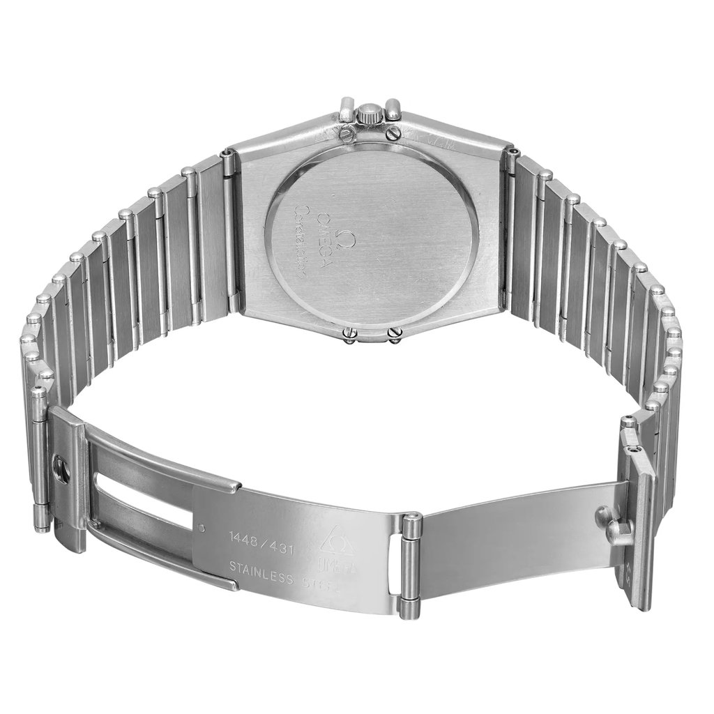 Back View Of Solid Back Case And Open Stainless Steel Band Of OMEGA 396.1076 Watch Pre Owned Condition