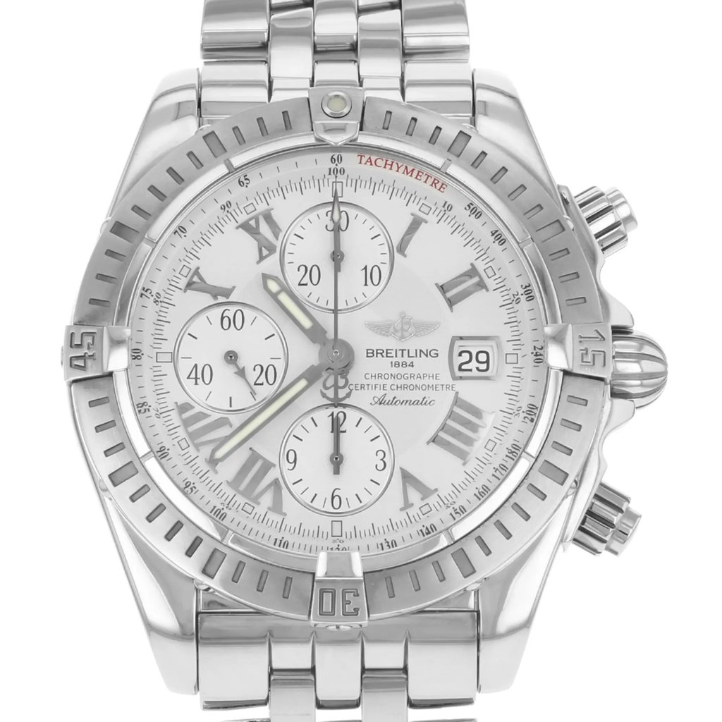 Up Close Front Facing Picture Of Breitling a1335611/a653-ss Stainless Steel Watch Pre Owned Condition