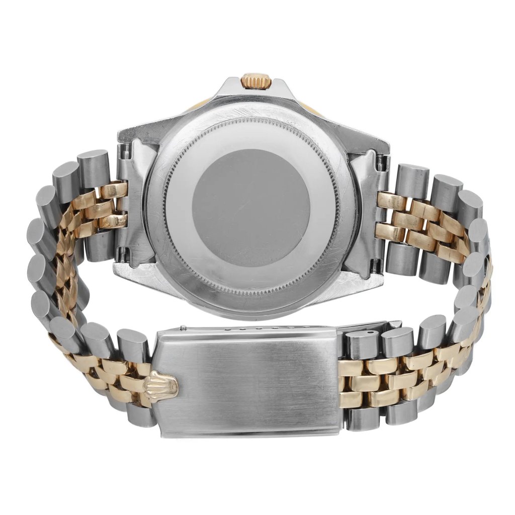 An image of a pre-owned wristwatch taken from the back view, showcasing the closed clasp. The watch features a mix of silver and gold tones in its metal bracelet, with detailed links. The focus is on the watch's case back and clasp, captured from a straight-on angle at a close distance.