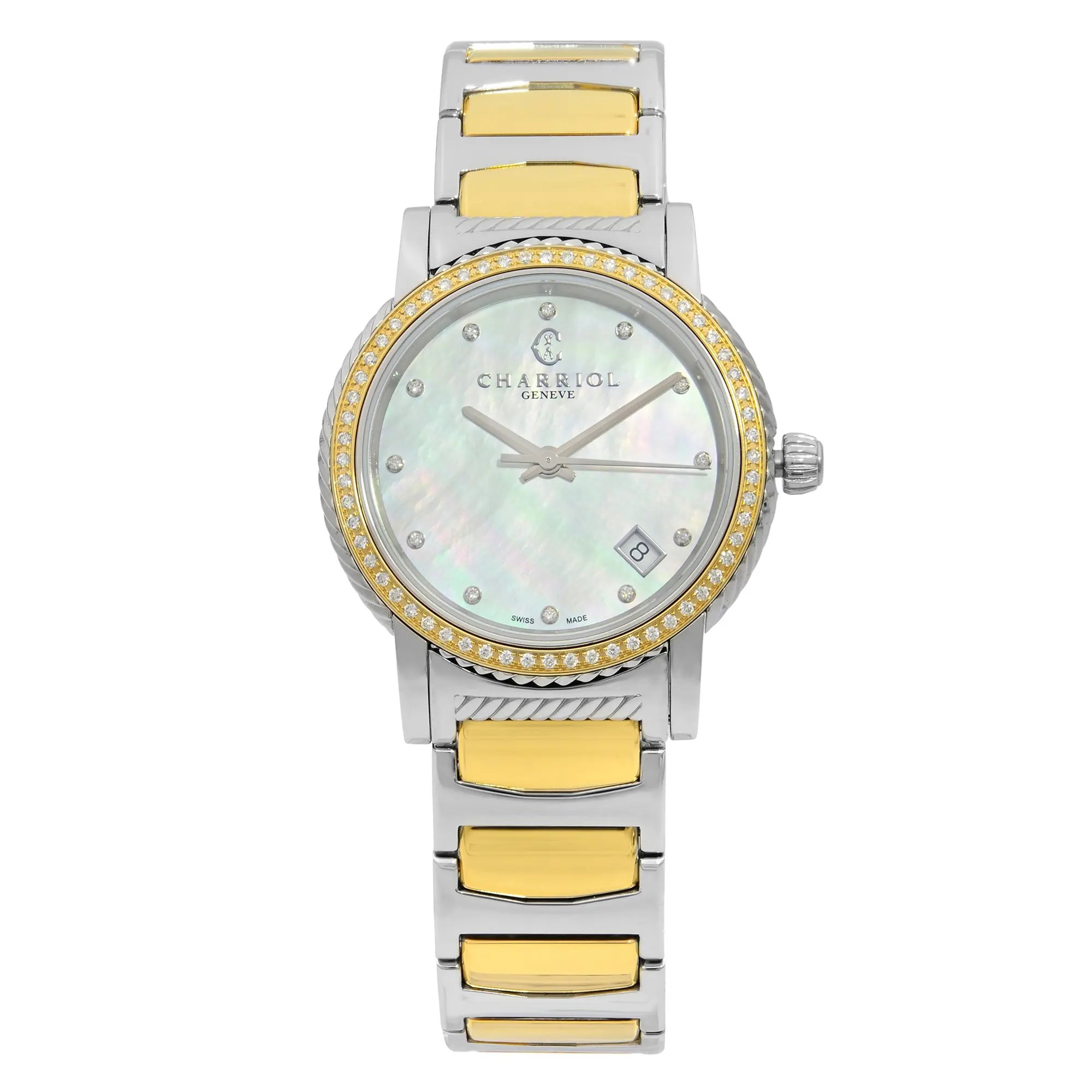 An image of a Wristwatch by Charriol. This Pre Owned item is designed for Women, featuring a Dress/Formal style. It has a Quartz movement and an Analog display with a White dial color. The indices include Diamonds. The band is made of Stainless Steel and the case is made of Stainless Steel. The watch has a Round shape with a case size of 33 mm and a case thickness of 7 mm.
