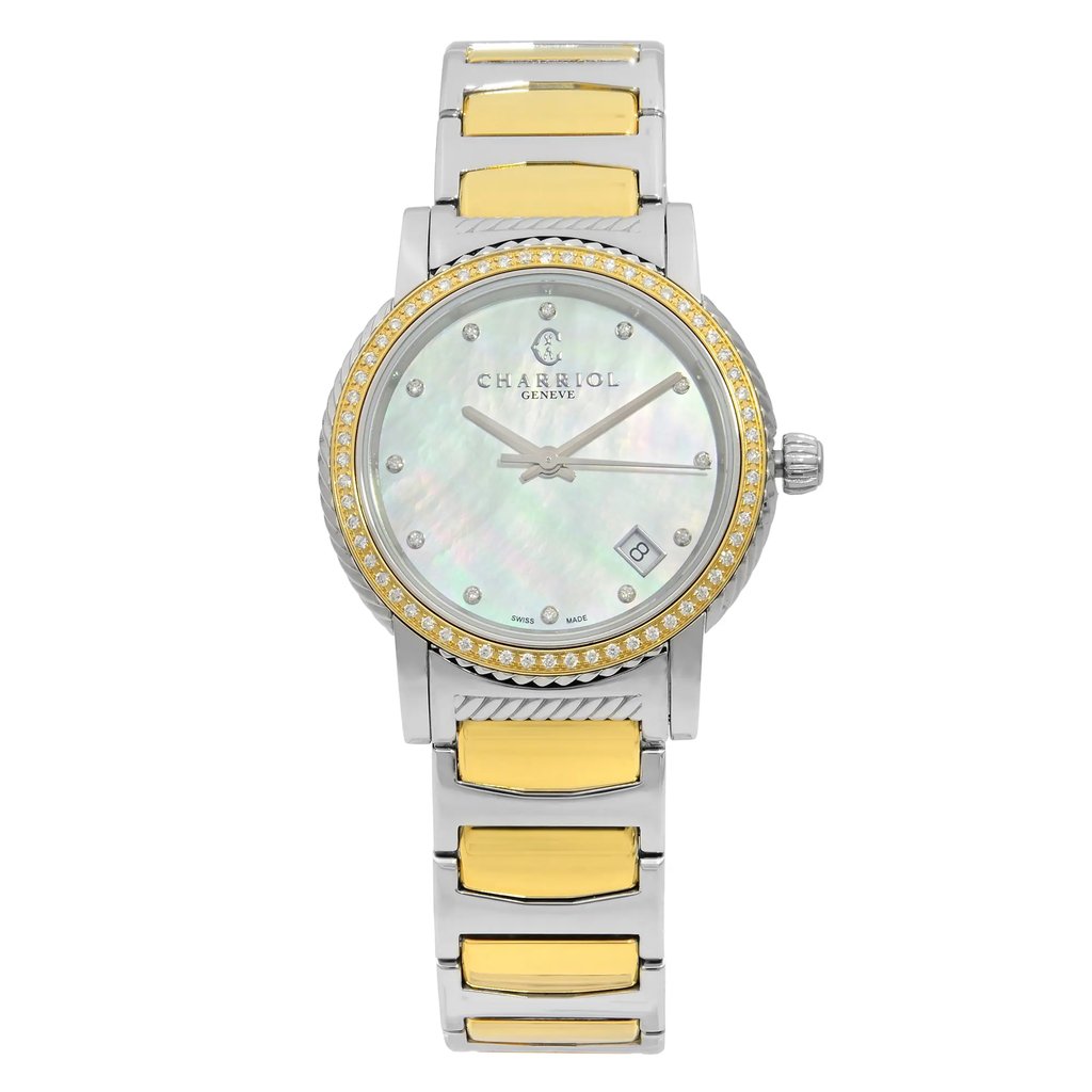 An image of a Wristwatch by Charriol. This Pre Owned item is designed for Women, featuring a Dress/Formal style. It has a Quartz movement and an Analog display with a White dial color. The indices include Diamonds. The band is made of Stainless Steel and the case is made of Stainless Steel. The watch has a Round shape with a case size of 33 mm and a case thickness of 7 mm.