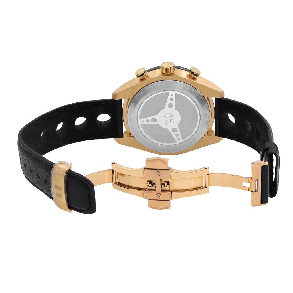 An image of a Wristwatch by Tissot. This New With Defects item is designed for Men, featuring a Sport style. It has a Quartz movement and an Analog display with a Black dial color. The indices include 12-Hour Dial,Multi Dial,Seconds Hand,Stick Indexes. The band is made of Leather and the case is made of Stainless Steel. The watch has a Round shape with a case size of 42 mm and a case thickness of 12 mm.