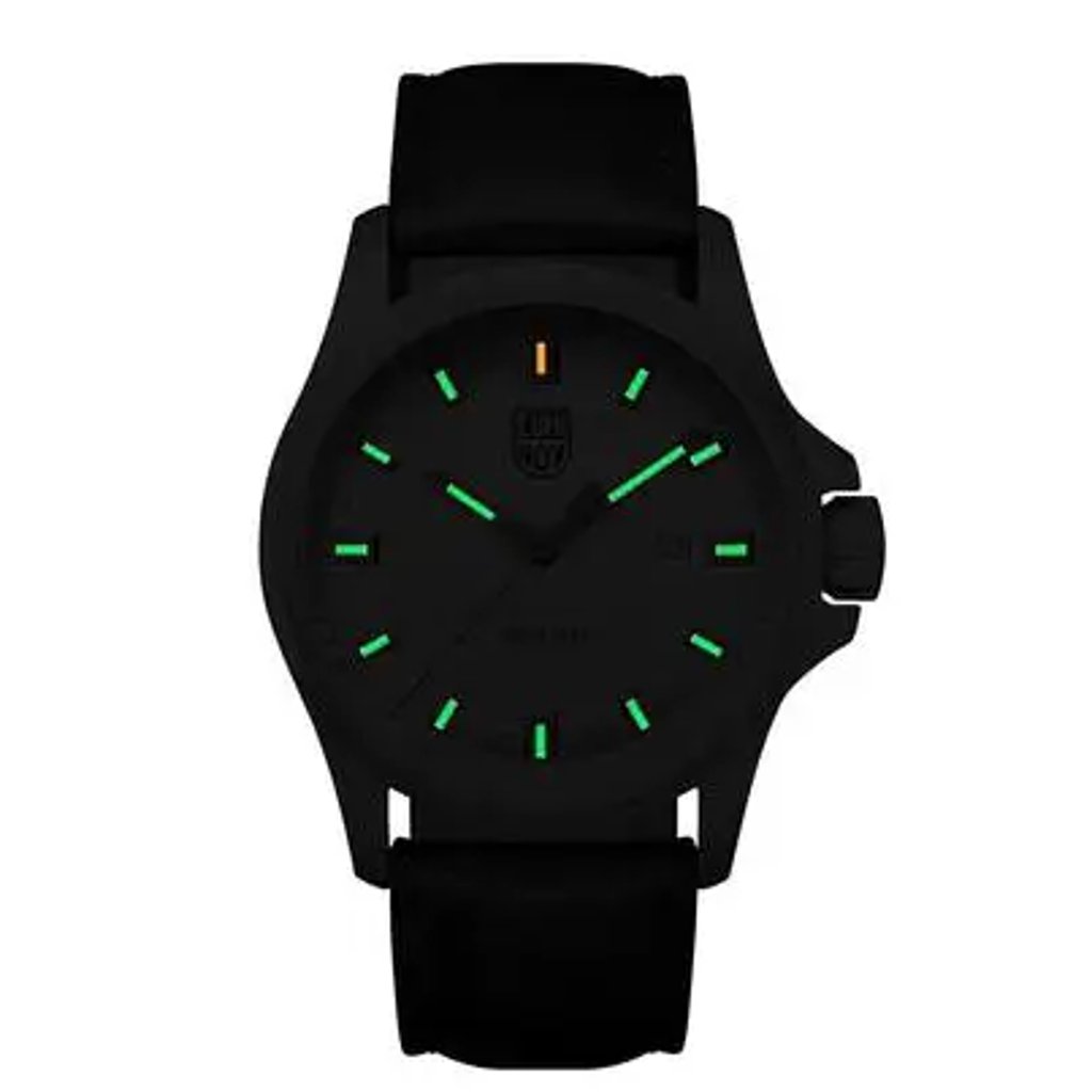 An image of a Wristwatch by Luminox. This Display Model item is designed for Men, featuring a Dress/Formal style. It has a Quartz movement and an Analog display with a Blue dial color. The indices include 12-Hour Dial,Non-Numeric Hour Marks,Stick Indexes. The band is made of Leather and the case is made of Stainless Steel. The watch has a Round shape with a case size of 42 mm and a case thickness of 11 mm.