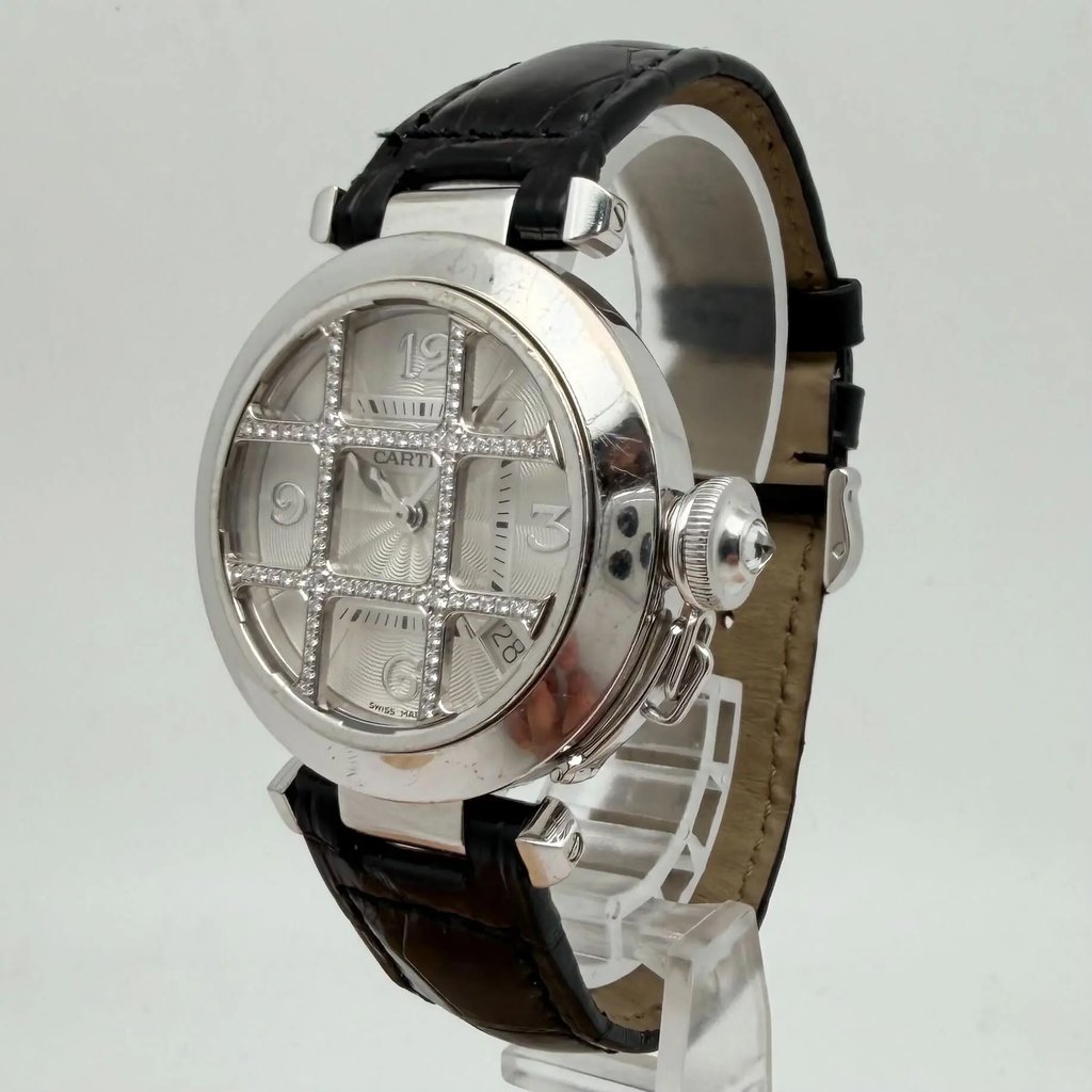 View Of Crown Facing Side Of Cartier WJ108356 White Gold Watch Pre Owned Condition