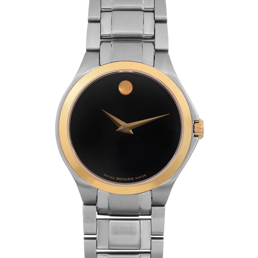 An image of a pre-owned wristwatch captured in a front close-up shot. The watch features a sleek black face with minimalist design, accented by a gold-tone bezel. The hour and minute hands are gold, and the watch has a silver metal bracelet. The crown is positioned on the right side.