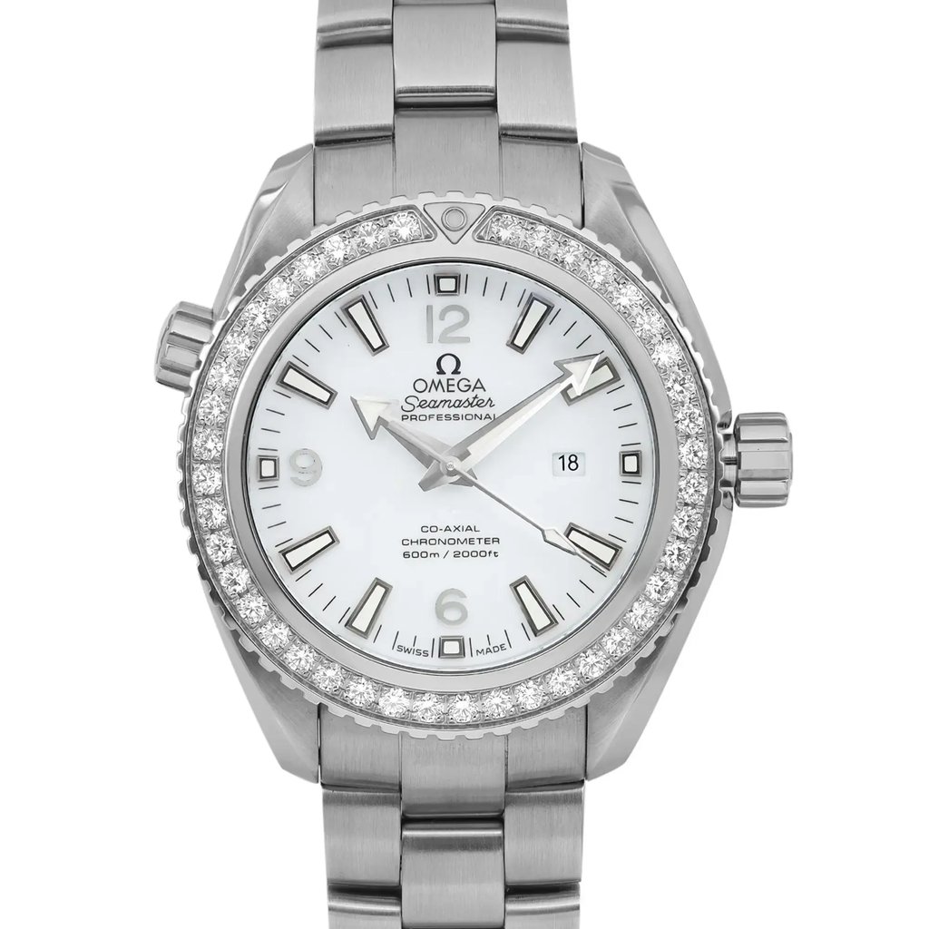 An image of a pre-owned OMEGA luxury women's wristwatch. The front close-up shot captures the round watch face with a white dial and gray bezel. The stainless steel band and case are visible, highlighting the 12-hour dial with Arabic numerals and stick indexes. Features include a date indicator and luminous hands. The watch is in good condition and exudes an elegant style.