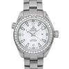 An image of a pre-owned OMEGA luxury women's wristwatch. The front close-up shot captures the round watch face with a white dial and gray bezel. The stainless steel band and case are visible, highlighting the 12-hour dial with Arabic numerals and stick indexes. Features include a date indicator and luminous hands. The watch is in good condition and exudes an elegant style.