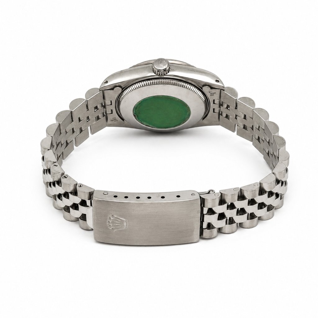 Back View Of Screwback Back Case And Closed Stainless Steel Band Of Rolex 68274 Watch Pre Owned Condition