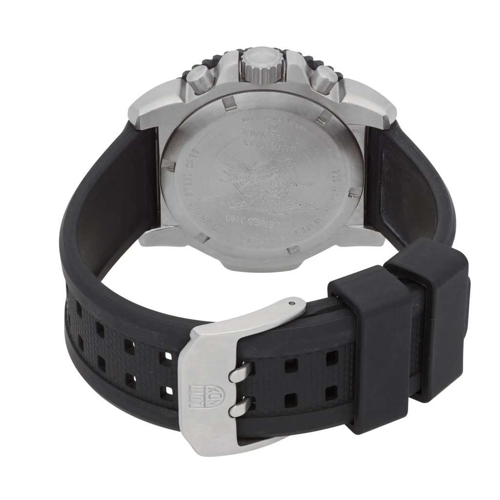 An image of a Wristwatch by Luminox. This Display Model item is designed for Men, featuring a Casual,Diver style. It has a Quartz movement and an Analog display with a Black dial color. The indices include 12-Hour Dial,Arabic Numerals,Easy to Read/Large Numerals. The band is made of Rubber and the case is made of Stainless Steel. The watch has a Round shape with a case size of 44 mm and a case thickness of 15 mm.