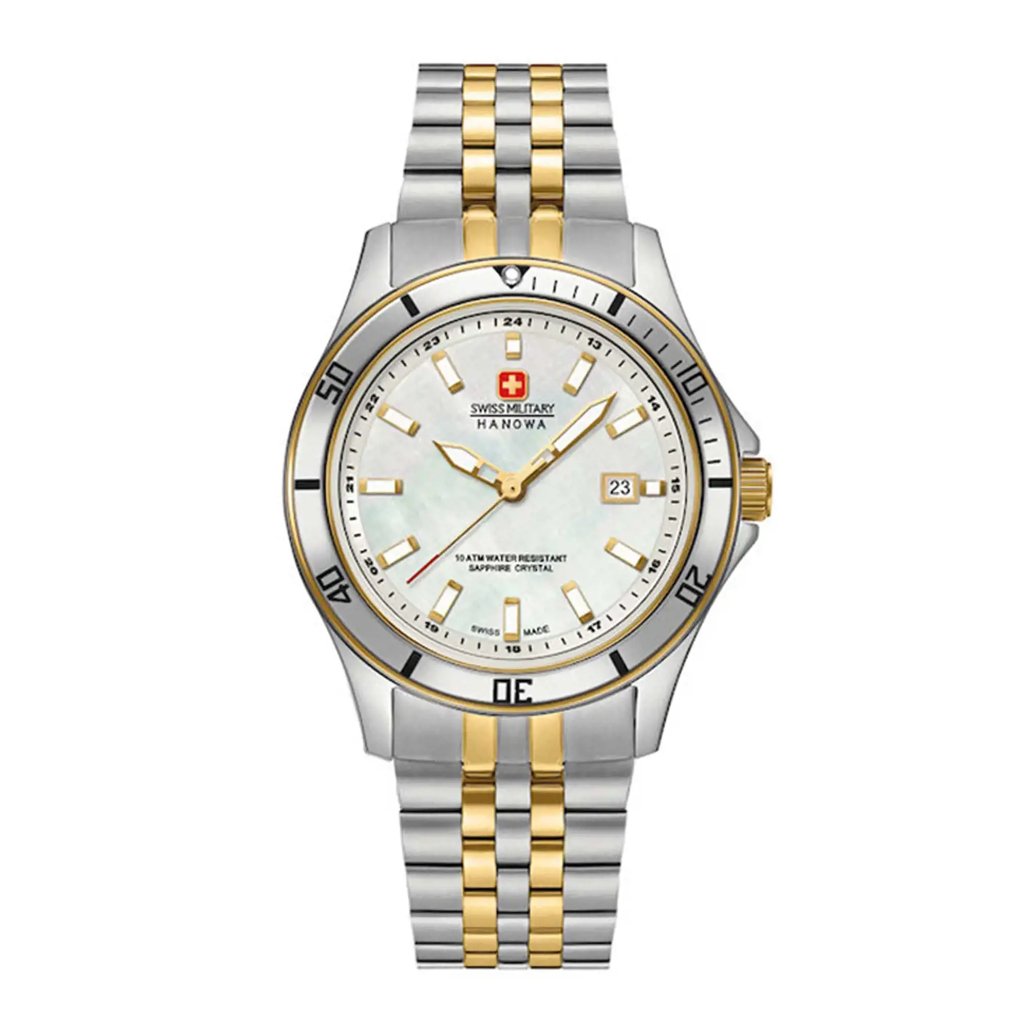 An image of a Wristwatch by Swiss Military Hanowa. This Display Model item is designed for Women, featuring a Dress/Formal style. It has a Quartz movement and an Analog display with a Silver dial color. The indices include 12-Hour Dial,Stick Indexes. The band is made of Stainless Steel and the case is made of Stainless Steel. The watch has a Round shape with a case size of 32 mm and a case thickness of 9 mm.