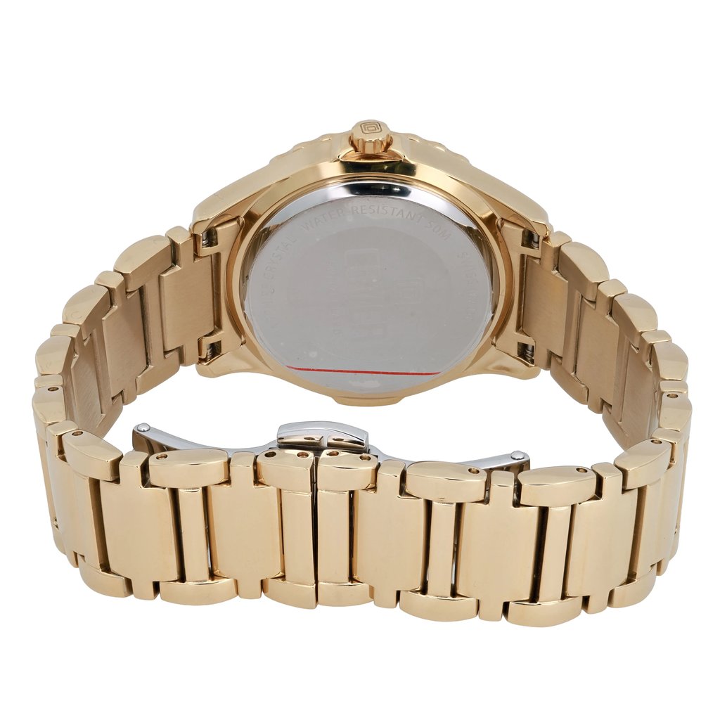An image of a pre-owned women's wristwatch by COVER, featuring a view from behind at a close distance. The watch is positioned horizontally, showcasing the back of the gold-toned case and bracelet. The angle highlights the clasp and the luminous hands feature, with the watch lying flat.