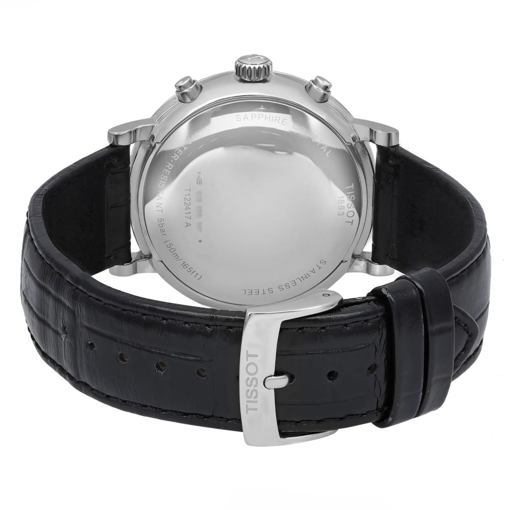 Back View Of Solid Back Case And Closed Leather Band Of Tissot T122.417.16.051.00 Watch Display Model Condition