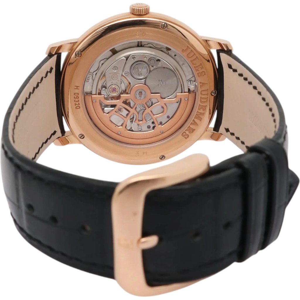 Back View Of Exhibition Back Case And Closed Leather Band Of Audemars Piguet 15180OR.A088CR.01 Watch Pre Owned Condition