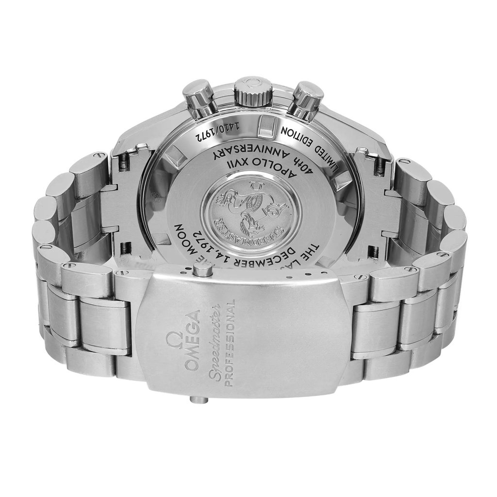 An image of a pre-owned wristwatch taken from a back view, showcasing the closed clasp. The watch is positioned upright, with a focus on the intricate details of the back casing and the engraved clasp. The angle highlights the metallic finish and craftsmanship of the bracelet links, photographed from a close distance.