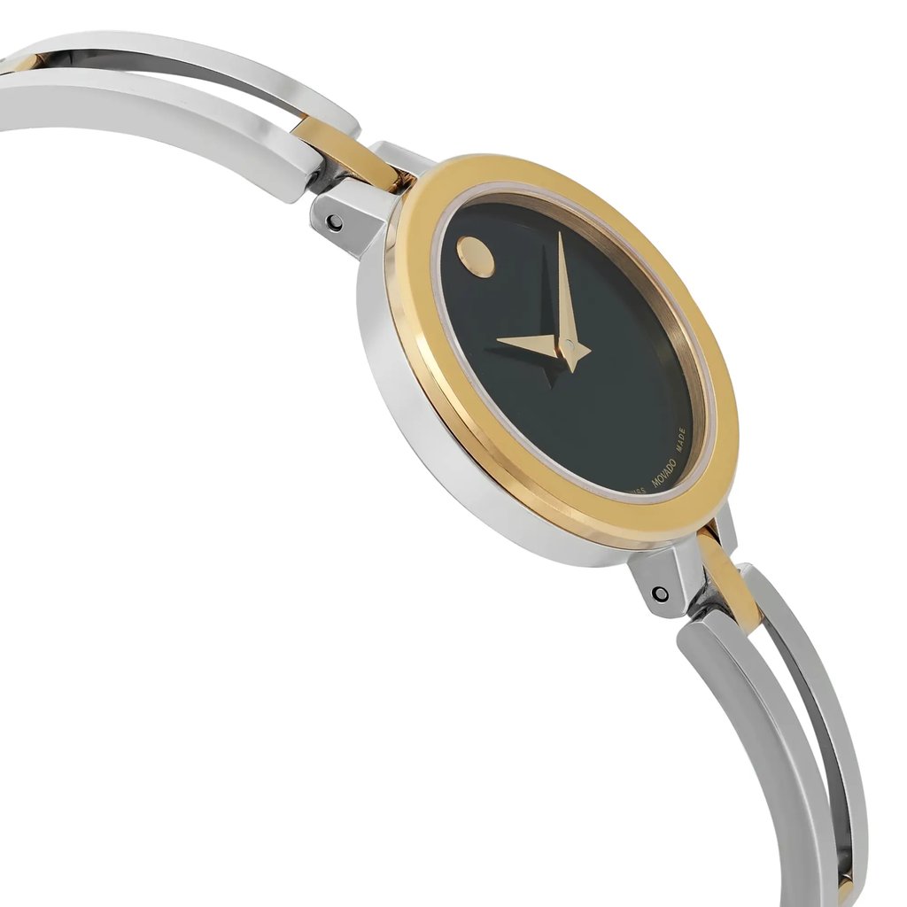An image of a Wristwatch by Movado. This Pre Owned item is designed for Women, featuring a Casual style. It has a Quartz movement and an Analog display with a Black dial color. The indices include 12-Hour Dial,Non-Numeric Hour Marks. The band is made of Stainless Steel and the case is made of Stainless Steel. The watch has a Round shape with a case size of 25 mm and a case thickness of 6 mm.
