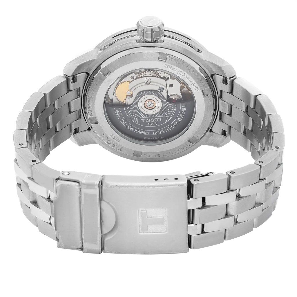 Back View Of Exhibition Back Case And Closed Stainless Steel Band Of Tissot T055.430.11.047.00 Watch Unworn Condition