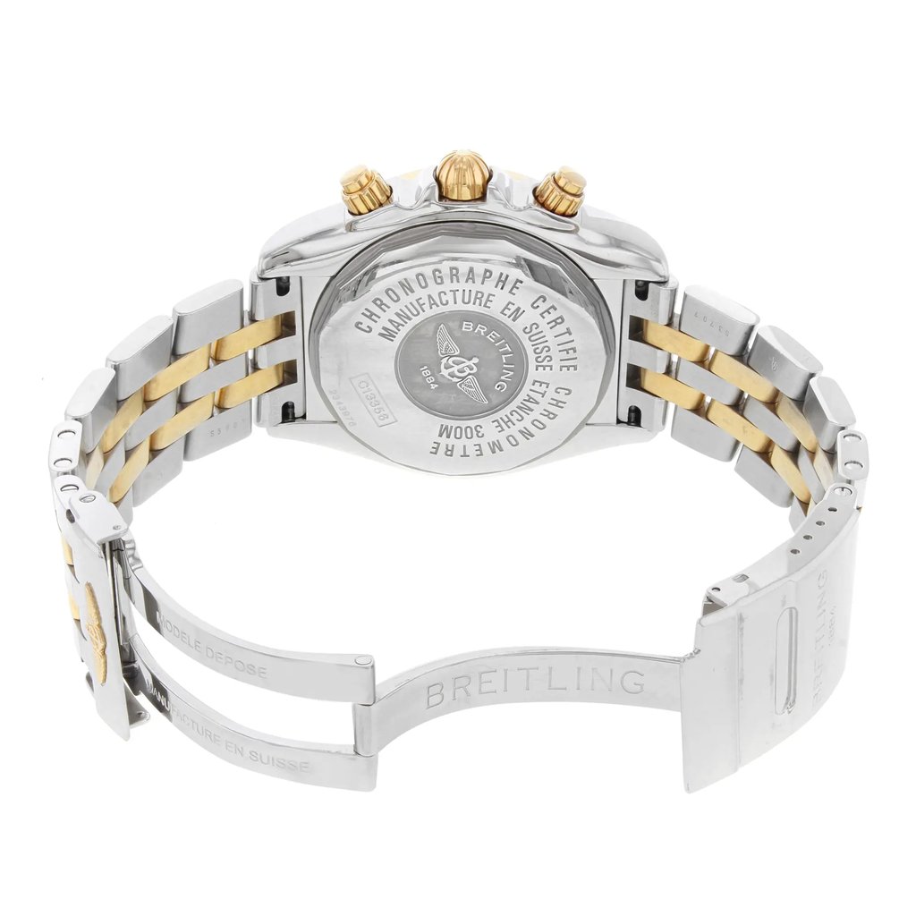 Back View Of {Caseback} Back Case And Open Stainless and Solid Gold Band Of Breitling C13356 Watch Pre Owned Condition