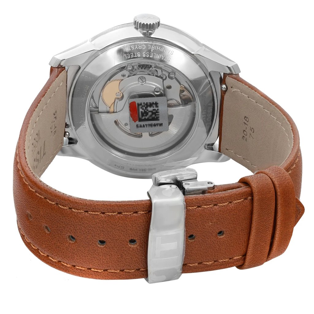 Back View Of Exhibition Back Case And Closed Leather Band Of Tissot T139.807.16.041.00 Watch Unworn Condition