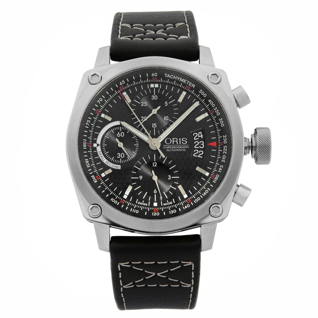 An image of a Wristwatch by Oris. This Display Model item is designed for Men, featuring a Casual style. It has a Mechanical (Automatic) movement and an Analog display with a Black dial color. The indices include Non-Numeric Hour Marks,Sticks. The band is made of Leather and the case is made of Stainless Steel. The watch has a Round shape with a case size of 43 mm and a case thickness of 16 mm.
