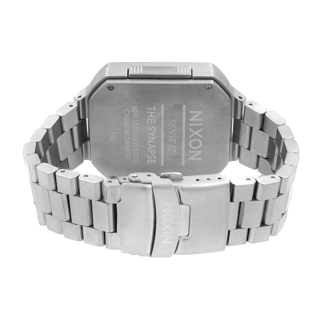 Back View Of Screwback Back Case And Closed Stainless Steel Band Of Nixon A323-000 Watch Display Model Condition