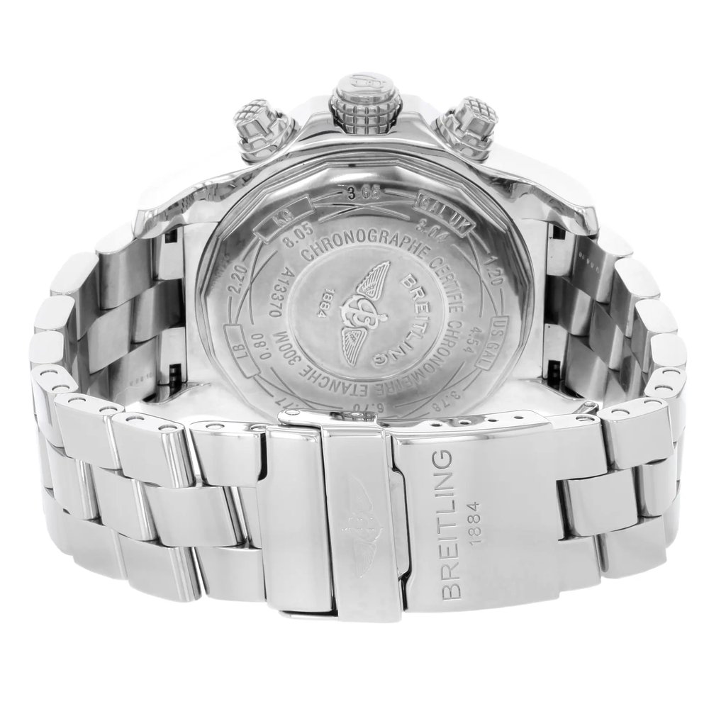 View Of Opposite Crown Facing Side Of Breitling A1337053/B973-135A Stainless Steel Watch Display Model Condition