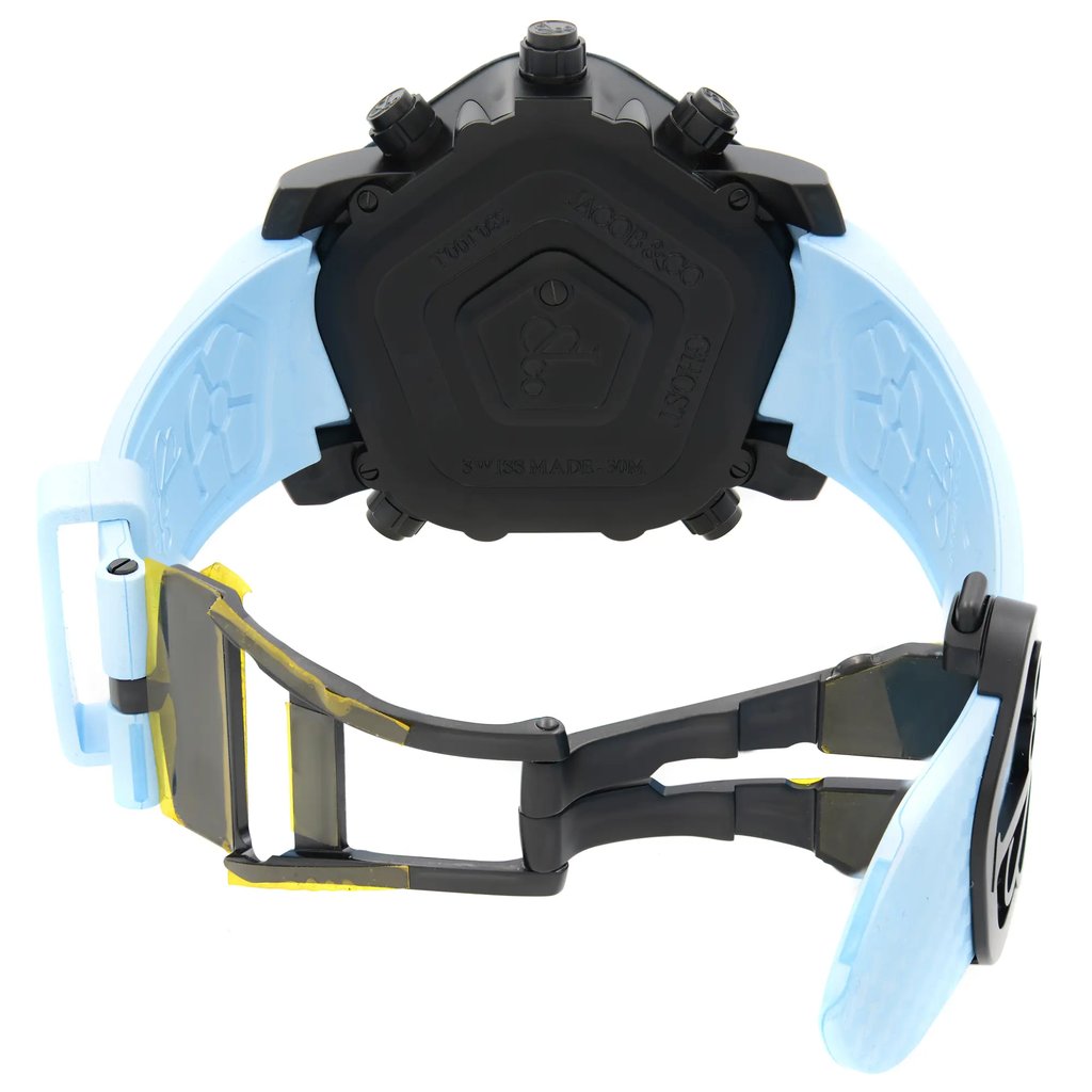 An image of an unworn JACOB & Co. men's wristwatch with a pentagon-shaped case made of stainless steel and a rubber band, viewed from the back with an open clasp. The solid caseback is centered and in focus, with the watch positioned upright and the open clasp extending downwards. The watch is shot from a close, direct angle against a white background.