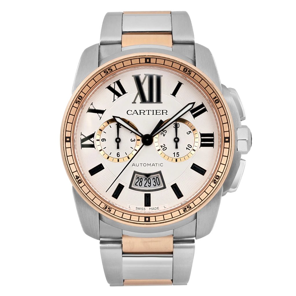 An image of a pre-owned men's Cartier Calibre de Cartier 42mm 18K Rose Gold Steel Ivory Dial Watch W7100042, viewed from a straight-on angle. The watch features a chronograph, date indicator, and luminous hands. The face displays Roman numerals and three sub-dials, with rose gold-tone and stainless steel bracelet. The photograph is taken up close to show intricate details of the design and craftsmanship.