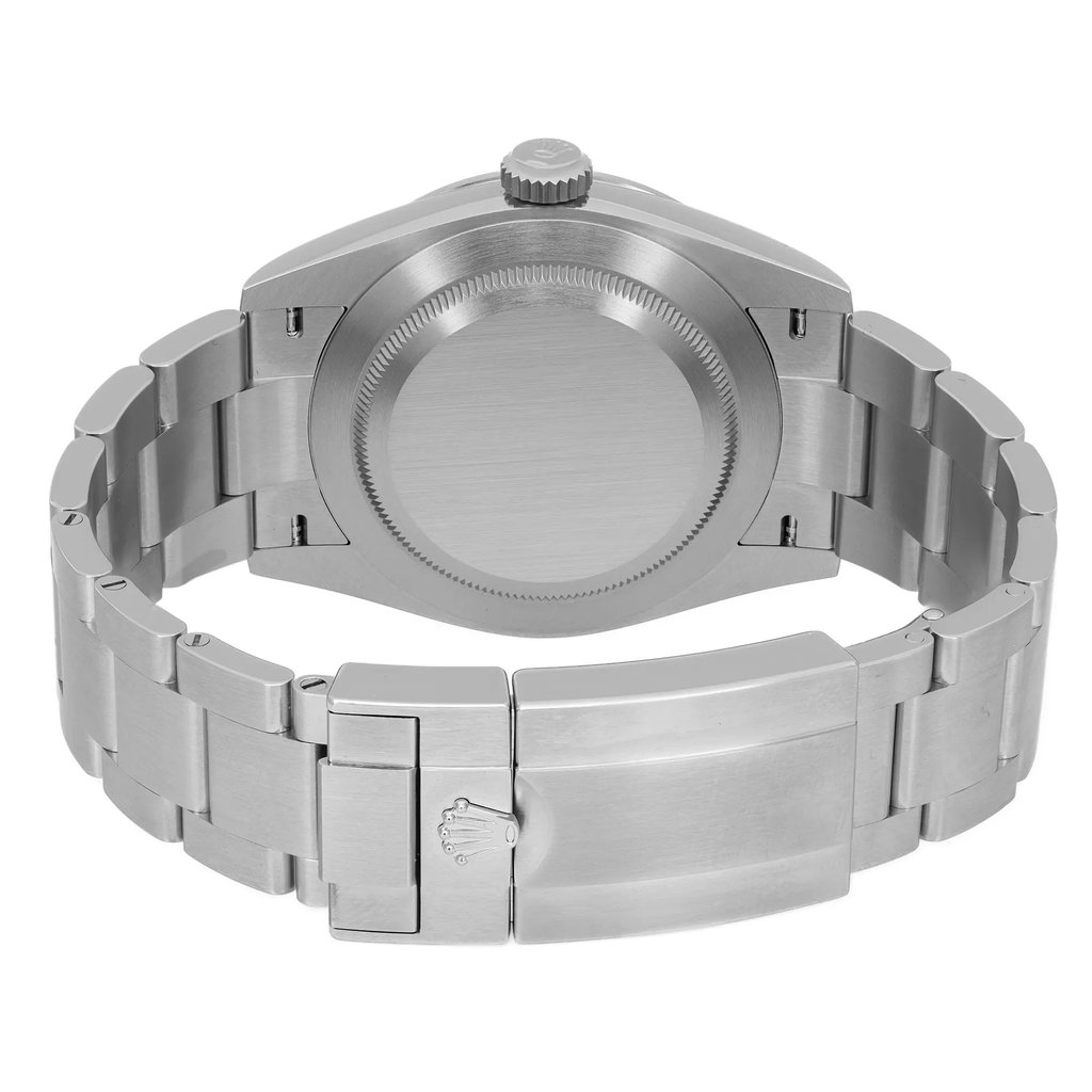An image of a men's Rolex wristwatch viewed from the back, showcasing its solid stainless steel caseback and band. The watch is positioned horizontally, with a focus on the closed fold-over clasp with safety. The angle is straight-on, and the distance is close, highlighting the smooth finish and excellent condition of the stainless steel material. The round case shape is prominent, emphasizing the watch's robust design.