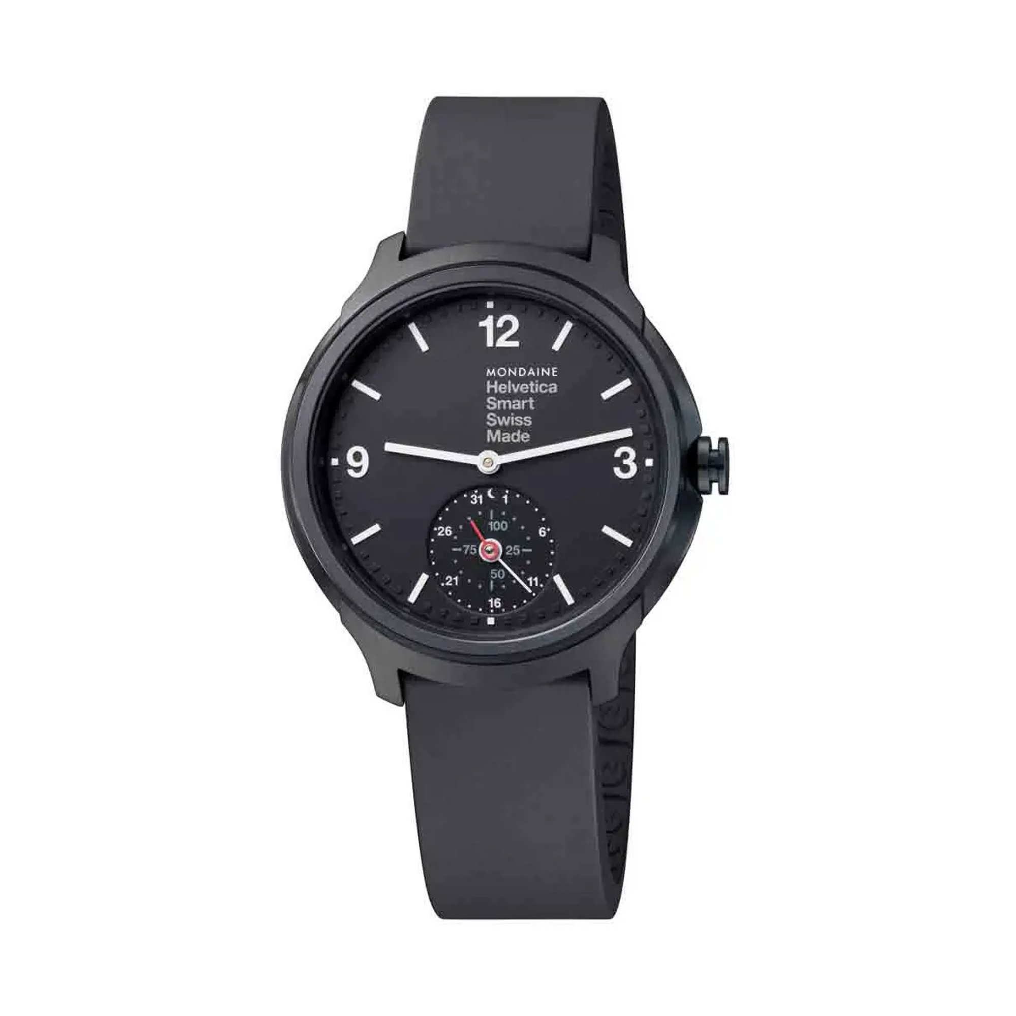 An image of a Wristwatch by Mondaine. This New With Defects item is designed for Men, featuring a Casual style. It has a Quartz movement and an Analog display with a Black dial color. The indices include 12-Hour Dial,Arabic Numerals,Stick Indexes. The band is made of Rubber and the case is made of Stainless Steel. The watch has a Round shape with a case size of 44 mm and a case thickness of 13 mm.