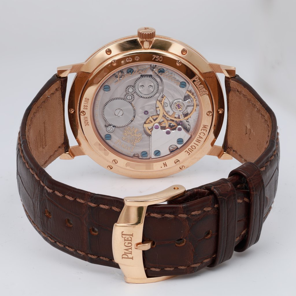 Back View Of Exhibition Back Case And Closed Leather Band Of Piaget G0A33113 Watch Pre Owned Condition