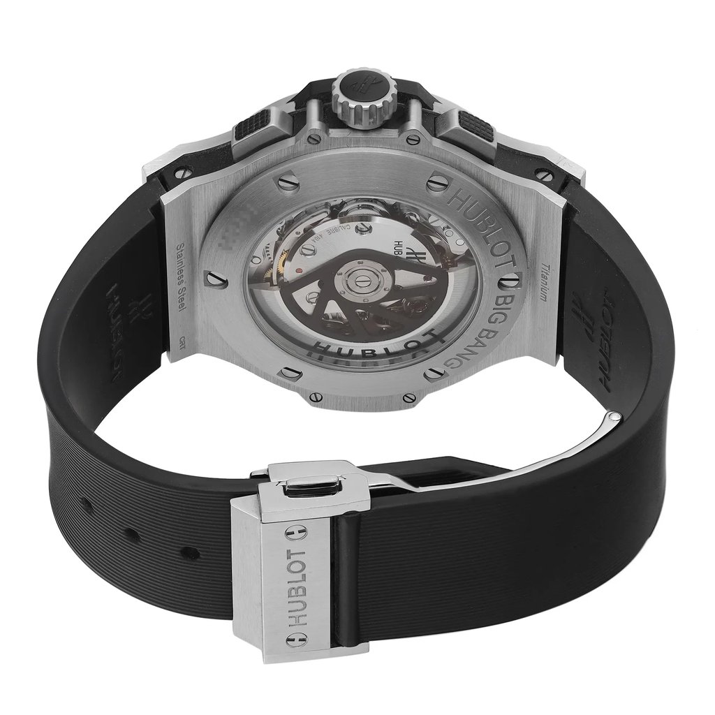 Back View Of Exhibition Back Case And Closed Rubber Band Of Hublot 301.SX.1170.RX Watch Pre Owned Condition