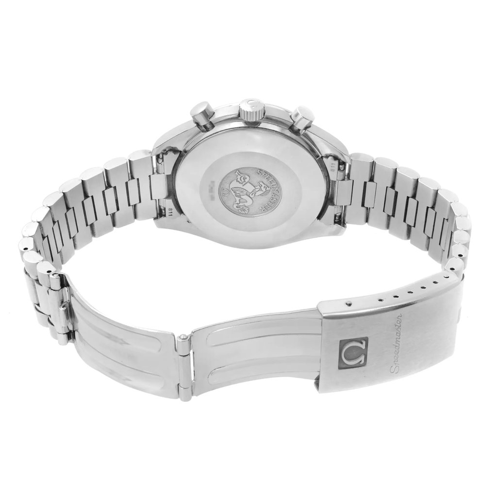 Back View Of Solid Back Case And Open Stainless Steel Band Of OMEGA 3510.50.00 Watch Pre Owned Condition